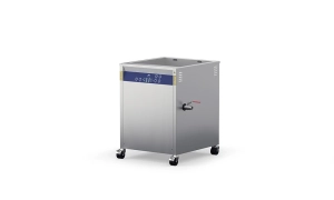Large stainless steel ultrasonic cleaner with digital display and a tap on casters.