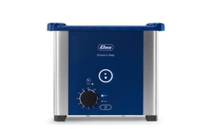 Blue ultrasonic cleaner with silver sides, a dark blue lid, and a control dial.