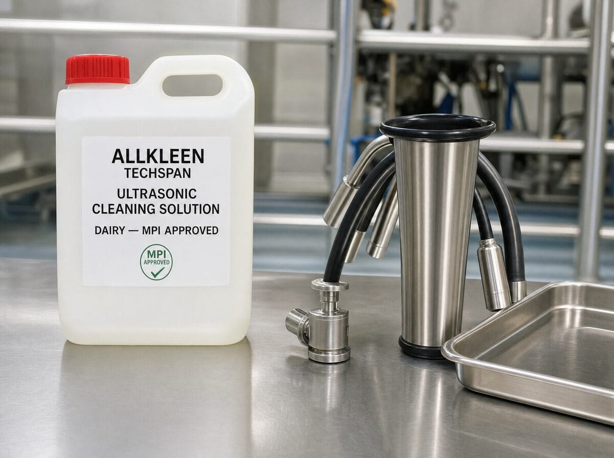 Allkleen Dairy MPI-approved ultrasonic cleaning solution on a stainless dairy bench