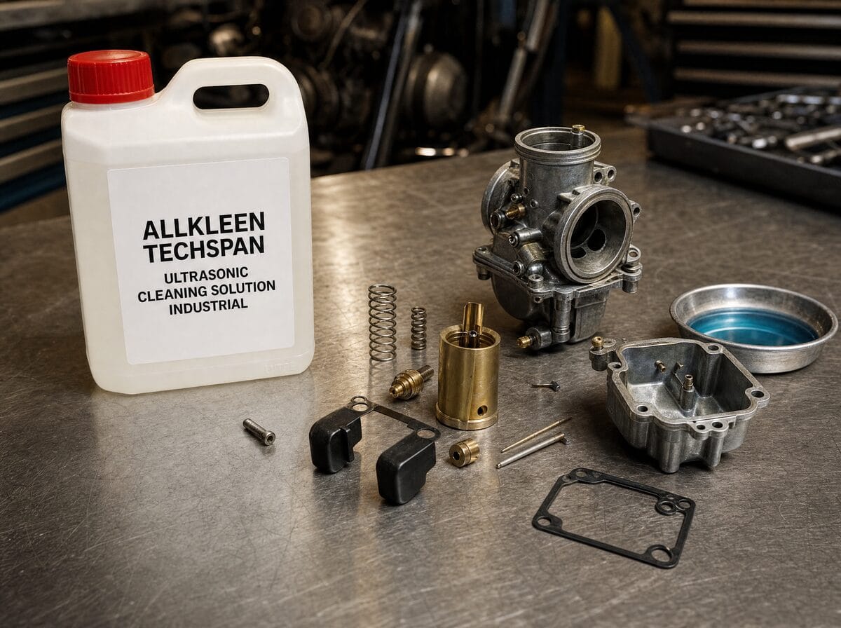Allkleen Industrial ultrasonic cleaning solution on a workshop bench beside a disassembled motorbike carburettor