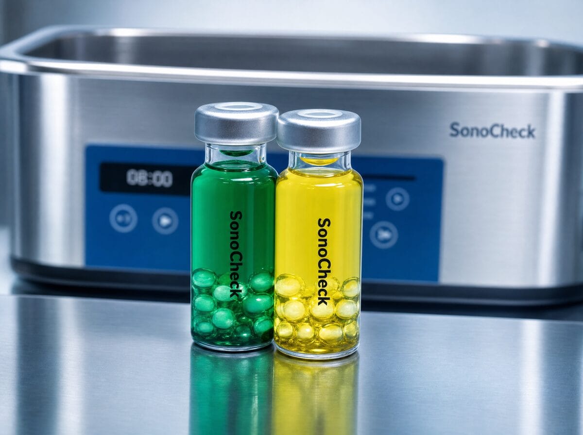 Sonocheck ultrasonic activity test vials, green and yellow indicator change