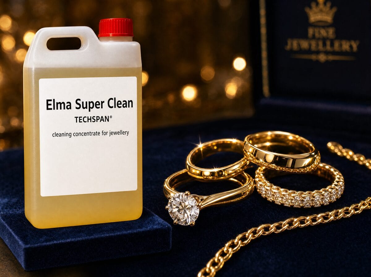 Elma Super Clean ultrasonic cleaning fluid beside polished gold and diamond jewellery