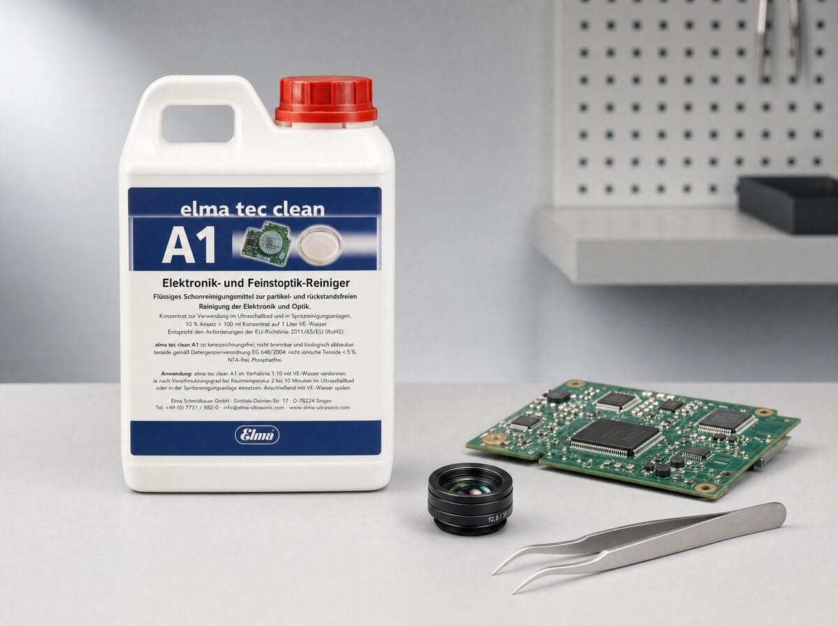 Elma Tec Clean A1 ultrasonic cleaning solution beside a green PCB and fine optic