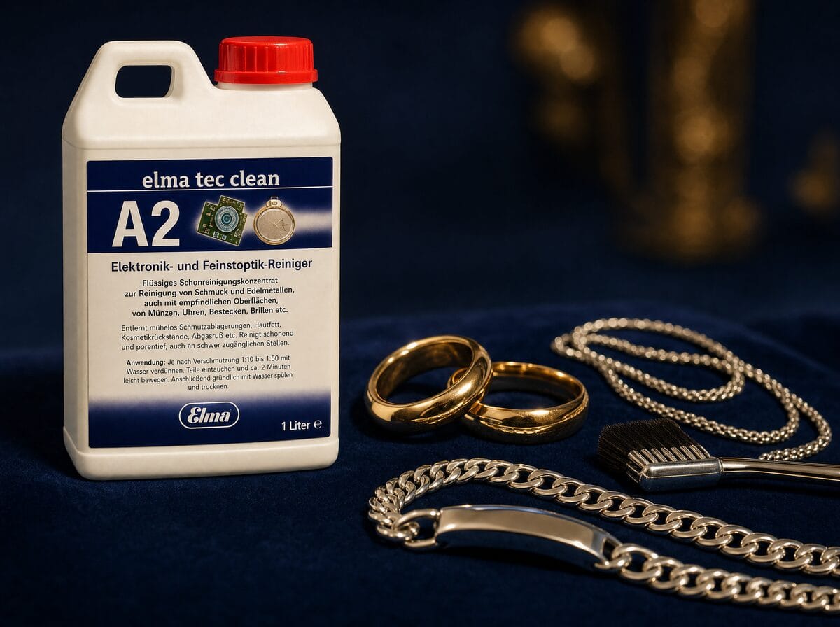 Elma Tec Clean A2 ultrasonic cleaning solution beside gold and silver jewellery
