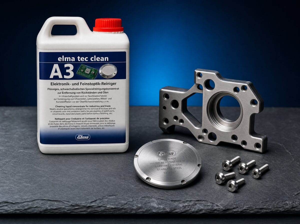 Elma Tec Clean A3 ultrasonic cleaning solution beside titanium and stainless precision parts