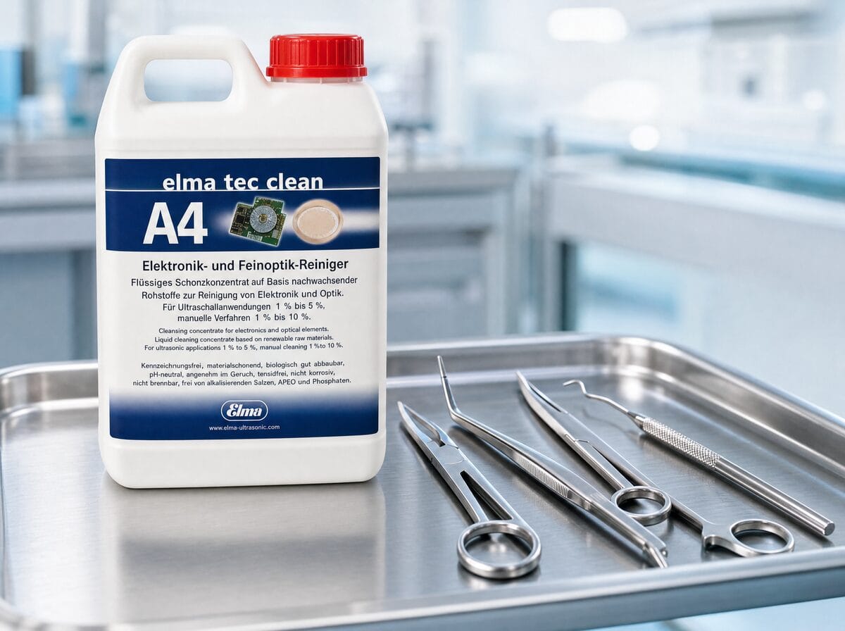 Elma Tec Clean A4 ultrasonic cleaning solution beside stainless dental and surgical instruments