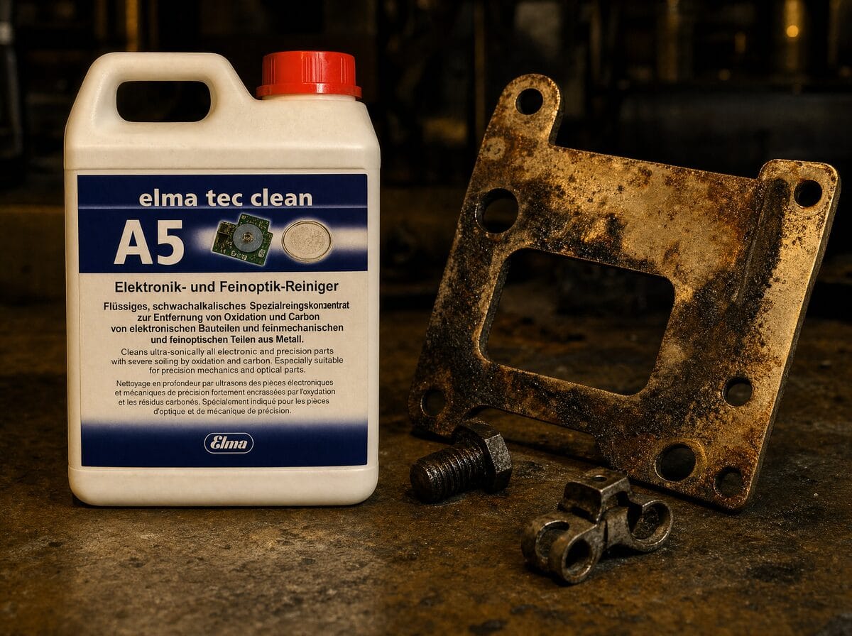 Elma Tec Clean A5 powder beside heavily oxidised steel and engine parts