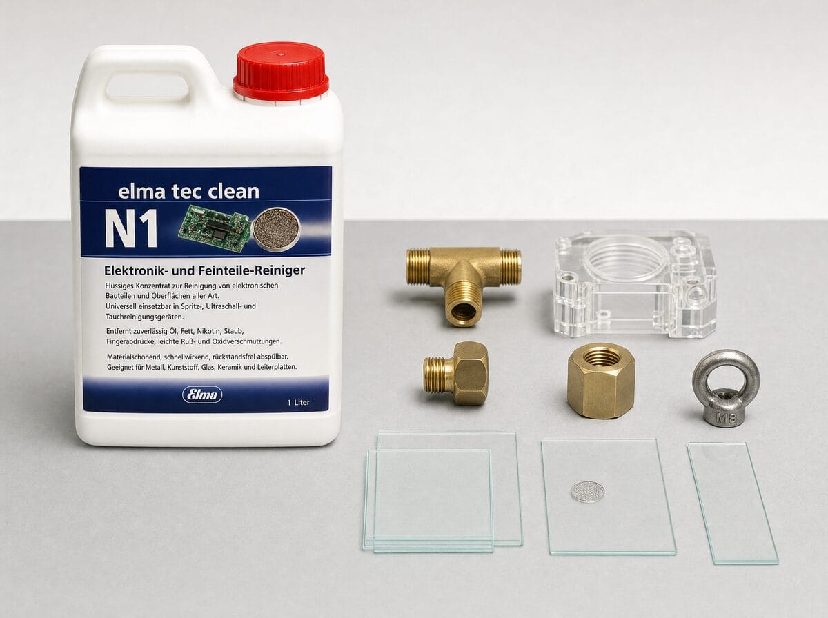 Elma Tec Clean N1 ultrasonic cleaning solution beside mixed brass, plastic and glass parts