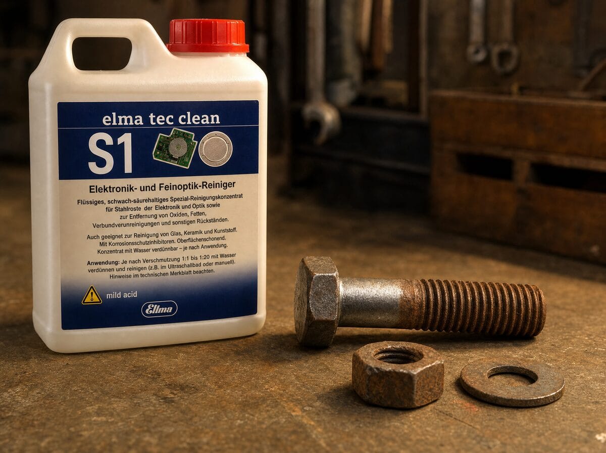Elma Tec Clean S1 acidic ultrasonic cleaning solution beside half-rusted steel hardware