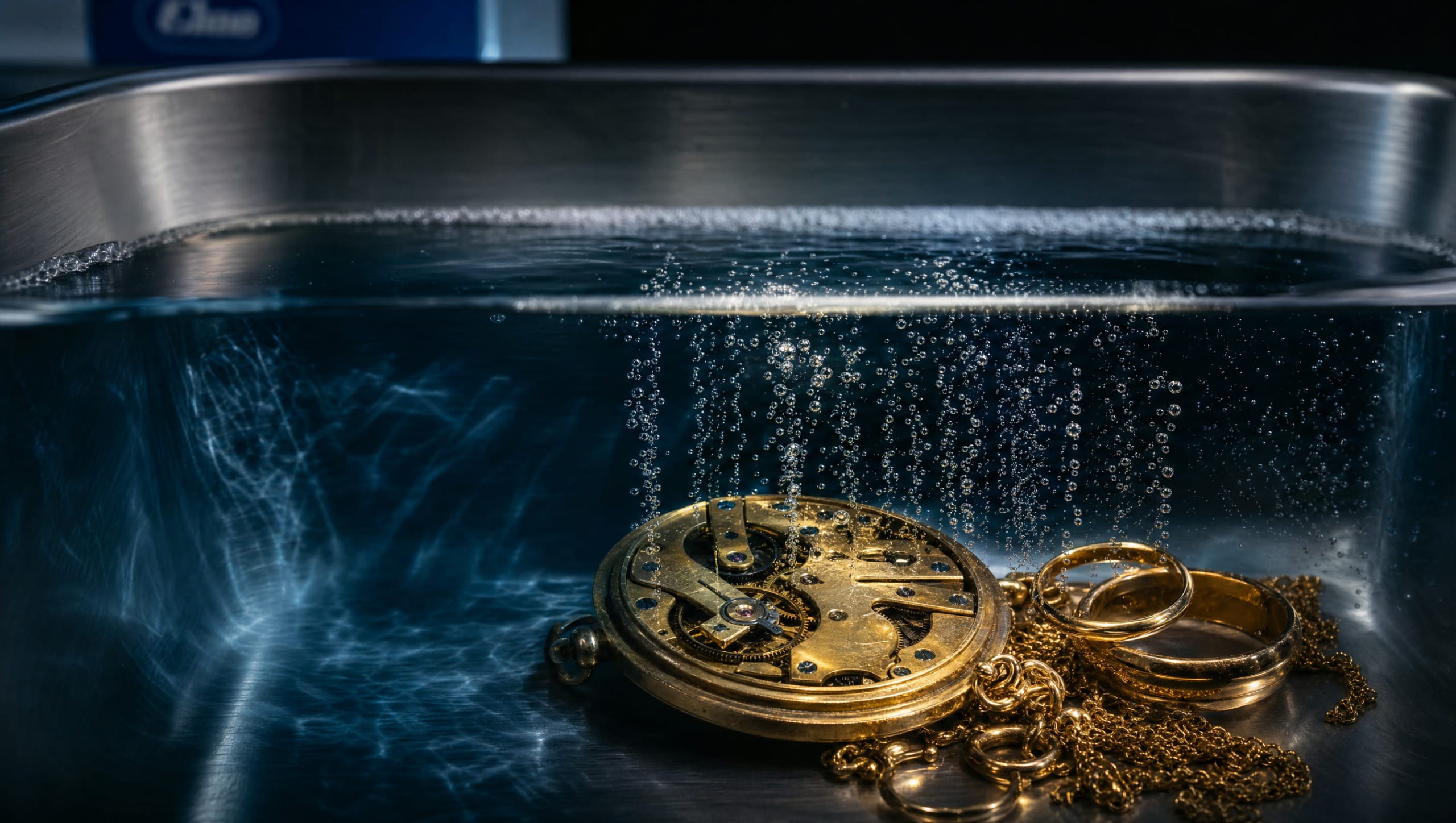 A pocket watch movement and gold jewellery in the cavitating bath of an Elmasonic ultrasonic cleaner